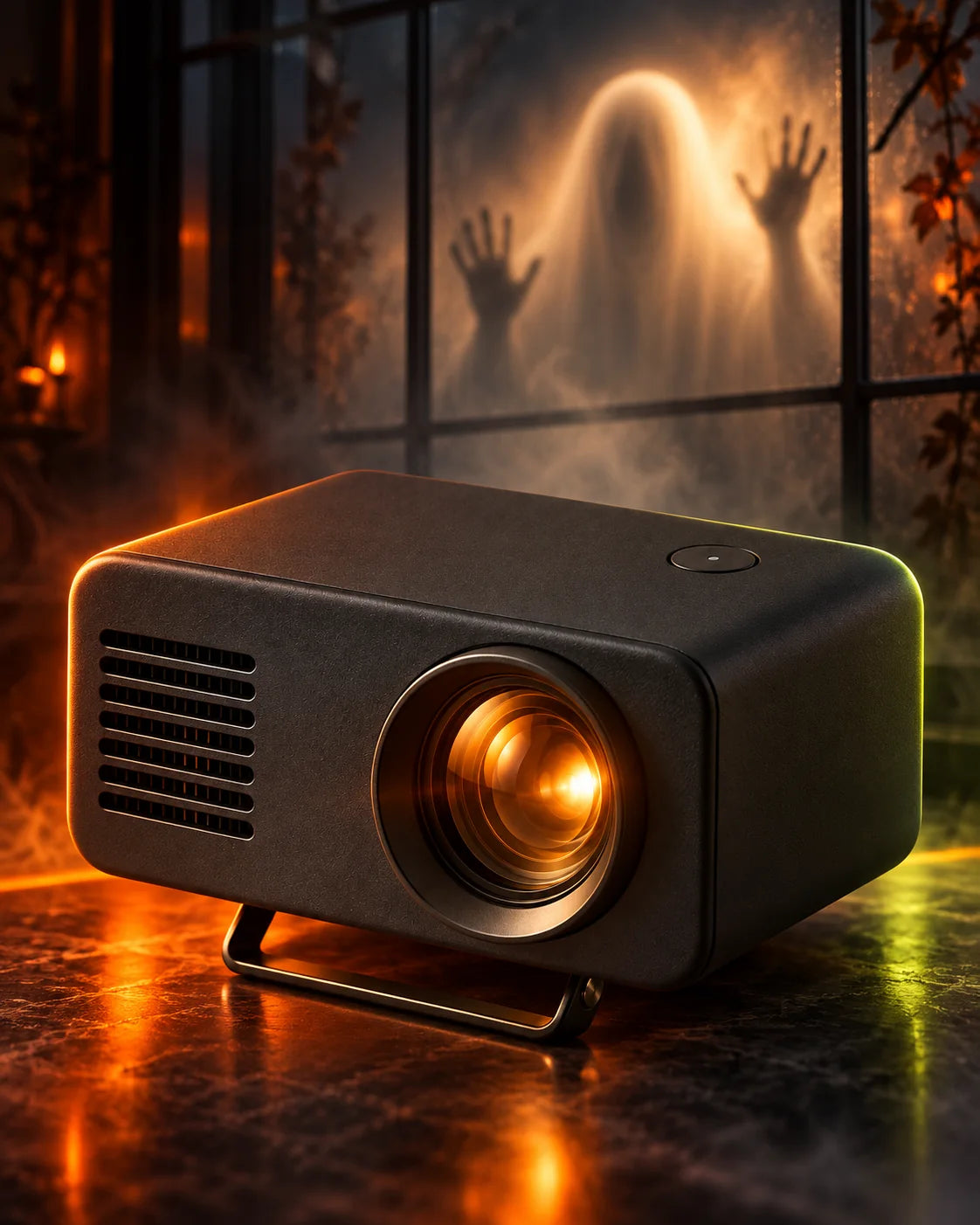 Black HAUNT projector with an orange lens glow and a ghostly window behind it